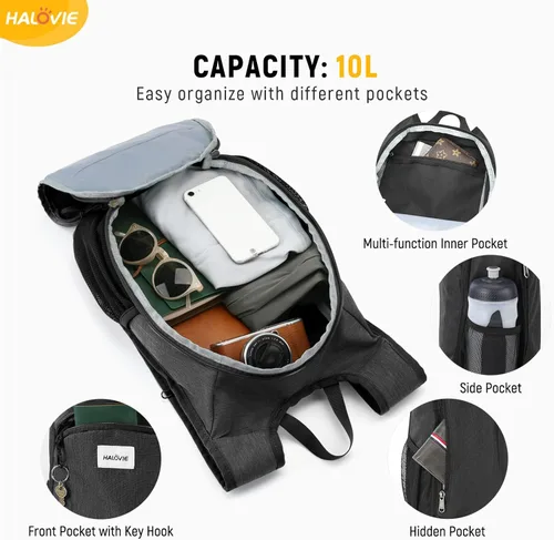 Miniatura 2 de HALOVIE Mochila pequeña de senderismo 10L, mochila ligera plegable de día, mochila de viaje plegable para mujeres y hombres (Negro)