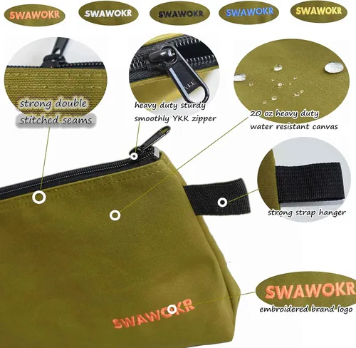 Miniatura 3 de Paquete de 5 bolsas de lona de 20 onzas con cremallera, bolsa de herramientas de utilidad resistente, organizador multiusos resistente al agua