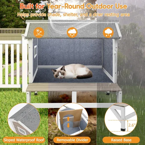 Miniatura 4 de PetsCosset Casa para gatos al aire libre, refugio de madera para gatos con interior de tela rascadora incorporada, diseño de 2 pisos resistente a