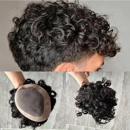 Miniatura 10 de SIMBEAUTY Cabello humano Remy indio 360 ondulado, 0.394 pulgadas, base de piel de tupé rizado, 10 x 8 pulgadas, para hombres negros con sistema