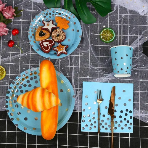 Miniatura 5 de Ottin Juego de 250 platos y servilletas de papel desechables azules, platos llanos de 9 pulgadas y platos de postre de 7 pulgadas, suministros