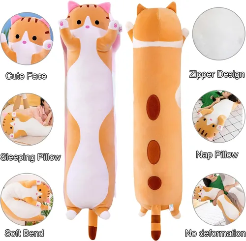 Miniatura 3 de Almohada gigante de gatos de peluche con dibujos animados y gatitos, almohada para dormir, suave y larga para el cuerpo, muñeca y gato, cojín