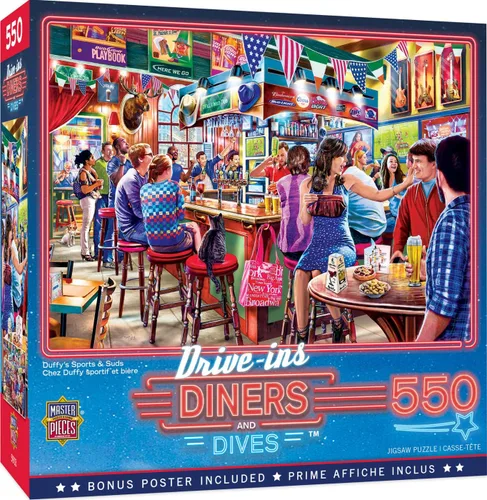 Masterpieces Duffy's Sports & Suds - Rompecabezas de 550 piezas para adultos y familia, 18 x 24 pulgadas