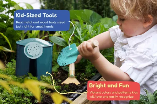Miniatura 5 de Kinderific Juego de herramientas de jardinería, para niños, STEM, incluye bolsa de mano, pala, regadera, rastrillo, tenedor, paleta y guantes