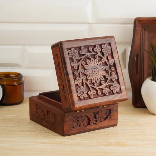 Ajuny Caja de madera hecha a mano para tallar india, soporte para almacenamiento de joyas, joyería de recuerdo, aretes, reloj, caja de anillo