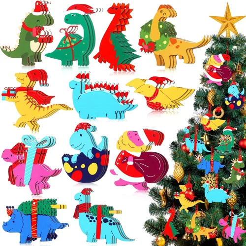 48 piezas de adorno de dinosaurio de Navidad para niños, adornos de dinosaurio de madera, figuras de dinosaurio, adorno colgante de madera para
