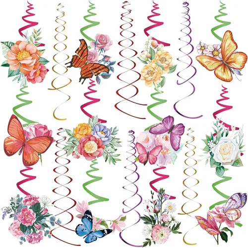 Miniatura 8 de Decoraciones colgantes de primavera para el hogar, remolinos colgantes de flores de mariposa, 30 piezas de serpentinas colgantes de techo