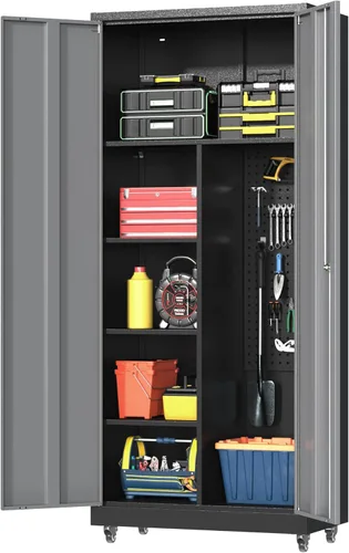 Miniatura 17 de Armario de pared de garaje de metal con puerta abatible hacia arriba, cabenit de herramientas flotante negro con estante ajustable, armarios