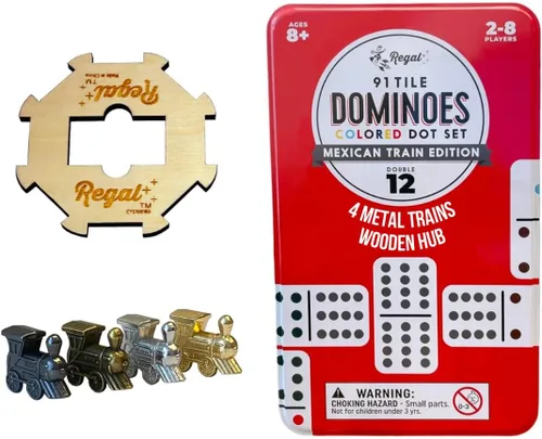 Regal Games Juego de dominó doble de tren mexicano con 12 fichas para adultos y niños, juego de dominó con 91 azulejos de puntos de colores y 4