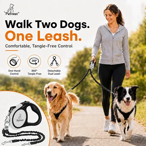 Miniatura 5 de Correa retráctil doble para perros, de 10 pies sin enredos para 2 perros, desmontable para uso individual, freno y bloqueo con un botón, hasta 20 kg