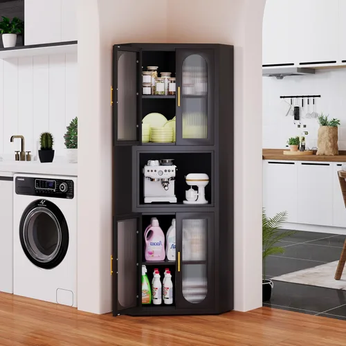 Miniatura 6 de PAOFIN Armario esquinero de metal, organizador de almacenamiento lateral con gran espacio y estantes, muebles para el hogar para multifunción
