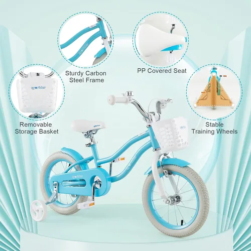 Miniatura 4 de BABY JOY Bicicleta para niños, 12, 14, 16, 18, 20 pulgadas, con asiento ajustable, cesta extraíble, freno de mano y freno de posavasos, ruedas