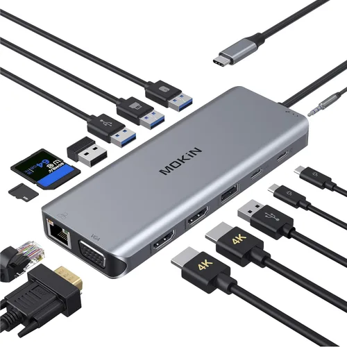 Miniatura 12 de Estación de acoplamiento, adaptador USB C, adaptador multipuerto de pantalla triple 9 en 1 con 2 HDMI 4K, DisplayPort, 3 USB, 100 W PD, lector