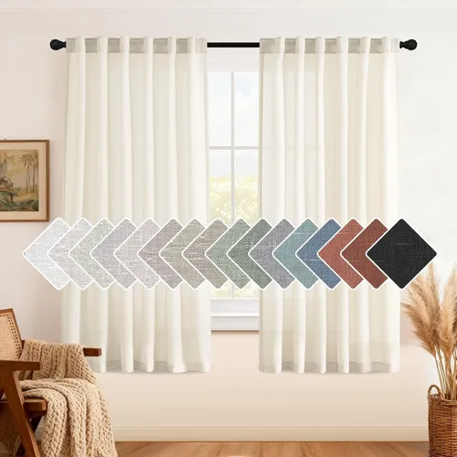 Miniatura 20 de H.VERSAILTEX Cortinas de lino natural de 63 pulgadas de largo para sala de estar, 2 paneles con trabillas traseras y bolsillo, texturizadas