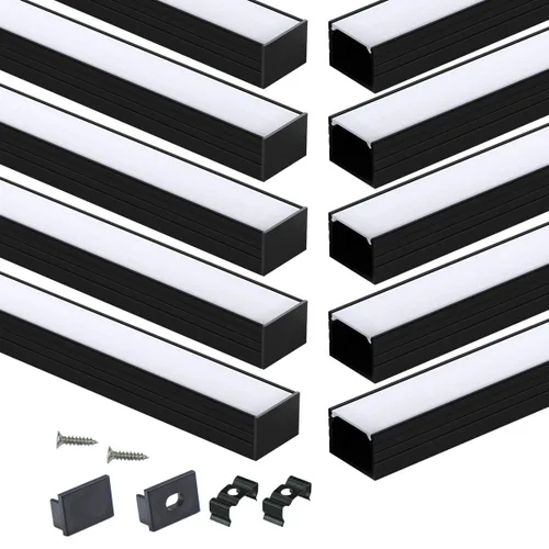 Muzata Paquete de 10 unidades de 6.6 pies/6.6 ft con sistema de canal LED negro en forma de U con cubierta de difusor blanco lechoso esmerilado,