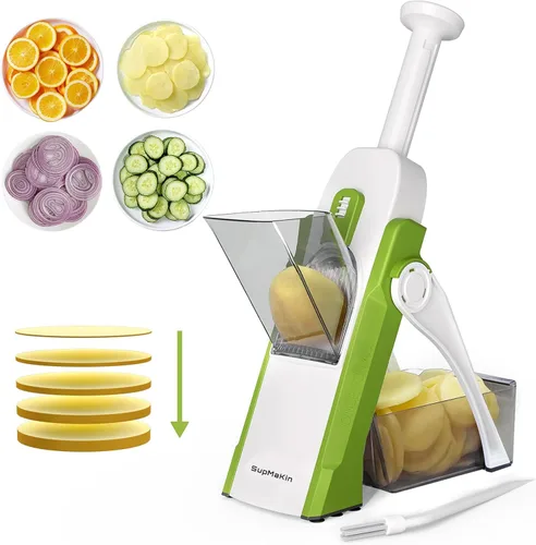 SupMaKin Cortador de Mandolina Seguro para Cocina, Cortador de Patata para Papas Fritas, Cortador de Verduras y Alimentos, Grosor Ajustable de 0.1-8