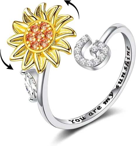 Anillos antiestrés para aliviar la ansiedad Anillo giratorio de letra inicial de girasol, anillo abierto ajustable con diseño de circonita cúbica y