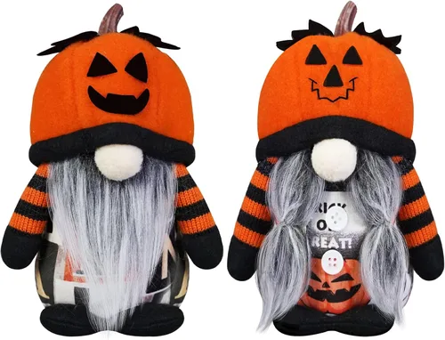 Decoraciones de gnomos de Halloween, paquete de 2 sombreros hechos a mano con cara de calabaza sueca Tomte nórdico de felpa elfo Nisse adorables