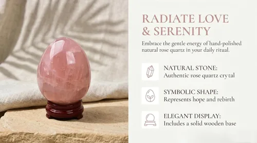 Miniatura 3 de AMOYSTONE Huevo de cristal de cuarzo rosa natural grande para curación y práctica de reiki, piedra de decoración del hogar con base, 3-3.5 pulgadas