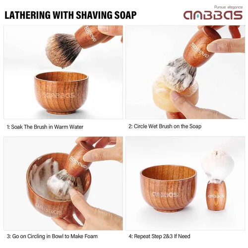 Miniatura 8 de Anbbas Cepillo de afeitar de pelo de tejón puro, mango de madera y jabonera grande con soporte de afeitado de acero inoxidable, kit 3 en 1
