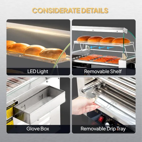Miniatura 2 de 18 Hot Dog 7 Roller 1050W, máquina de cocina para perros calientes con iluminación LED, control de temperatura doble, cubierta, estante extraíble
