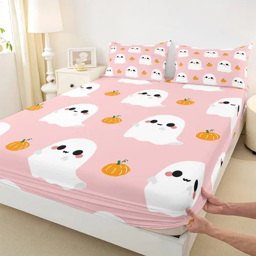 Miniatura 3 de Erosebridal Juego de sábanas de Halloween con diseño de fantasmas de dibujos animados, decoraciones de calabaza de Halloween, juego de sábanas