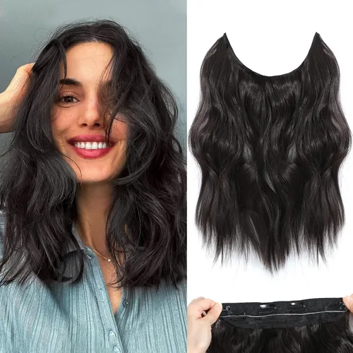 Miniatura 45 de Extensiones de cabello con halo de 12 pulgadas con alambre invisible, cabello largo ondulado ajustable, sintético, mejora con 4 clips de seguridad