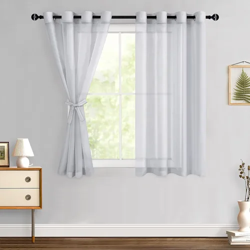 Miniatura 130 de Hiasan - Cortinas traslúcidas de gasa cortas semitransparentes con ojales y alzapaños filtrantes de luz para ventana, dormitorio, baño, 2 paneles