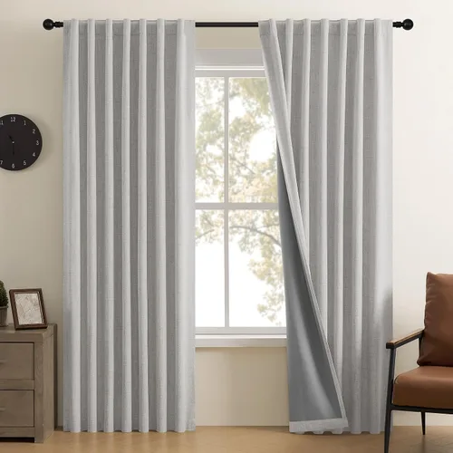 Miniatura 22 de CUCRAF Juego de 2 paneles de cortinas 100% opacas de lino de 84 pulgadas de largo, con pestaña trasera y bolsillo para barra para sala de estar