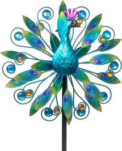 Stargarden Molino de viento de pavo real de 58 pulgadas, escultura de viento doble, molino de viento de metal para decoración de jardín y patio