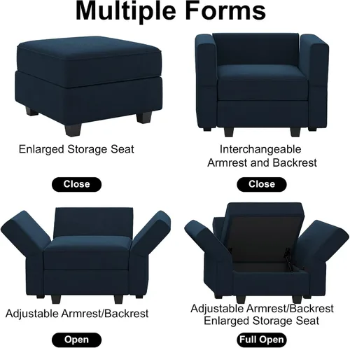 Miniatura 4 de Belffin Silla modular con brazo seccional con asiento de almacenamiento, sillón de terciopelo, sofá individual, silla de club azul