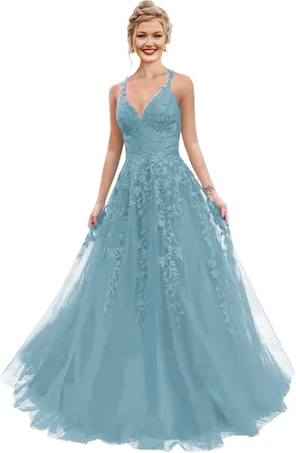 Vestidos de graduación de tul con purpurina para mujer, cuello en V, apliques de encaje, vestidos largos de baile, tirantes delgados, vestido de