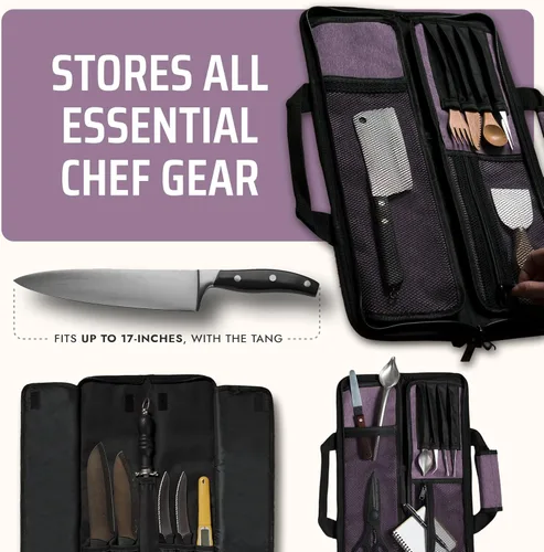 Miniatura 4 de Asaya Bolsa enrollable para cuchillos de chef, 12 bolsillos para cuchillos y utensilios de cocina, nailon ligero, duradero y resistente a las Púrpura