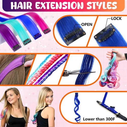 Miniatura 5 de Jim&Gloria Tiza para el cabello sin polvo para niñas, lavable con extensiones de cabello, pinceles y purpurina, tinte de color temporal, regalos