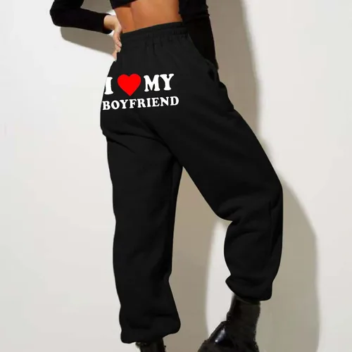 Miniatura 4 de I Love My Boyfriend - Pantalones deportivos a la moda, elásticos, de cintura alta, pantalones deportivos casuales de forro polar sueltos, pantalones