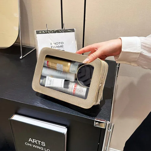 Bolsa de maquillaje transparente pequeña, aprobada por la TSA, bolsa de aseo portátil con cremallera, bolsa de viaje para cosméticos, estuche Dorado