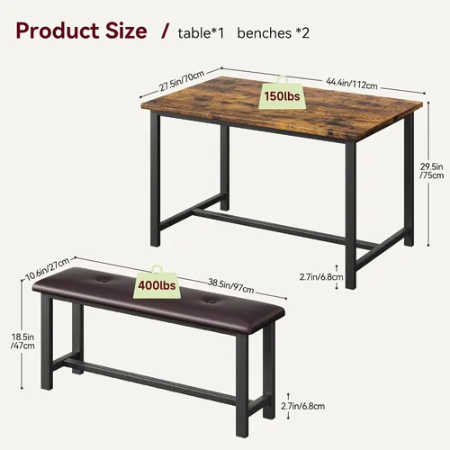 Miniatura 6 de Amyove Juego de mesa de comedor para 4, mesa de cocina con 2 bancos, juego de mesa de comedor de 3 piezas con bancos tapizados, juego de mesa