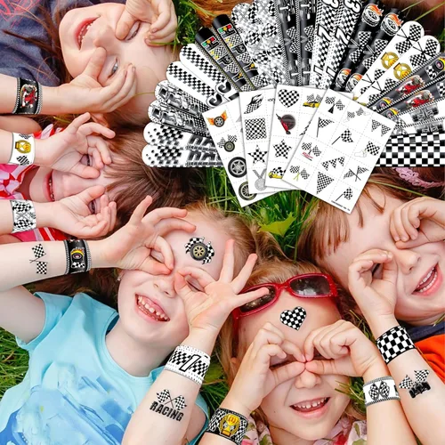 Miniatura 8 de Juego de 72 piezas de bandera a cuadros, 48 tatuajes temporales y 24 pulseras de palmada, suministros de cumpleaños temáticos de carreras, regalos