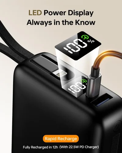 Miniatura 5 de Cargador Portátil 50000mAh Power Bank, Cargador de Teléfono Portátil con 2 Cables Integrados, 22.5W Carga Rápida Elementos Esenciales de Viaje