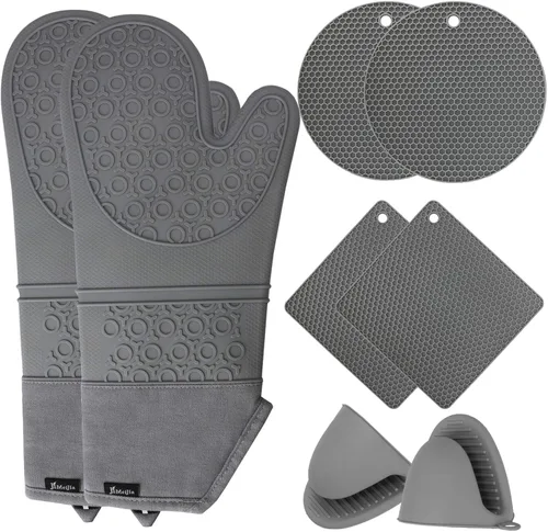 Juego de guantes de horno y almohadillas calientes, 8 guantes de horno de silicona extra largos con alfombrillas antideslizantes resistentes al