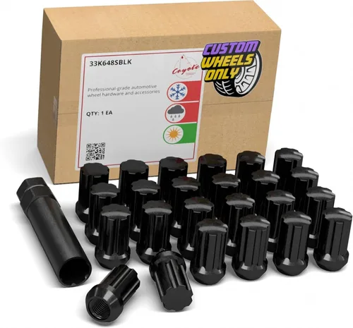 Wheel Accessories Parts 24 tuercas cortas de rosca M14x1.5 14x1.5 de 1.50 pulgadas de largo, color negro, 7 ranuras para ruedas de repuesto para