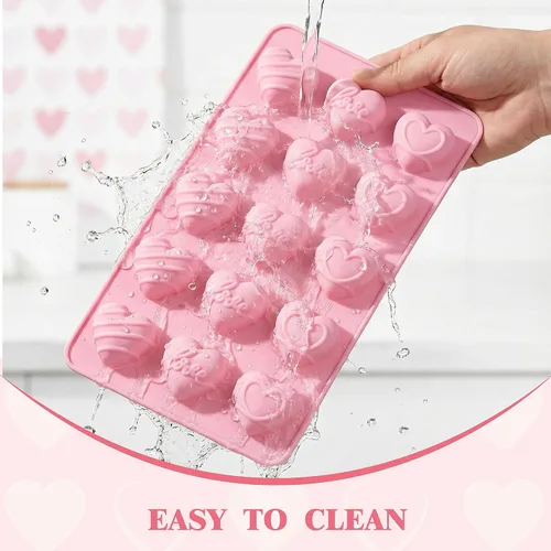 Miniatura 2 de Moldes de silicona en forma de corazón 2 piezas, molde de chocolate en forma de corazón 15 cavidades, moldes antiadherentes de grado alimenticio