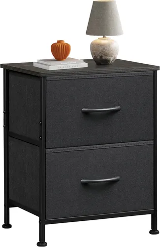 WLIVE Mesita de noche negra, cómoda pequeña con 2 cajones y superficie de madera, mesita de noche con cestas de tela, mesa de cabecera mesa auxiliar