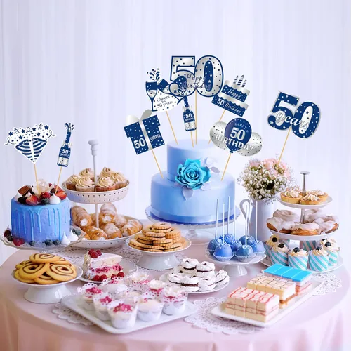 Miniatura 6 de 24 piezas de decoración de mesa de cumpleaños de 50 años, color azul y plateado, incluye 24 patrones de cartón, palos y puntos adhesivos, perfecto