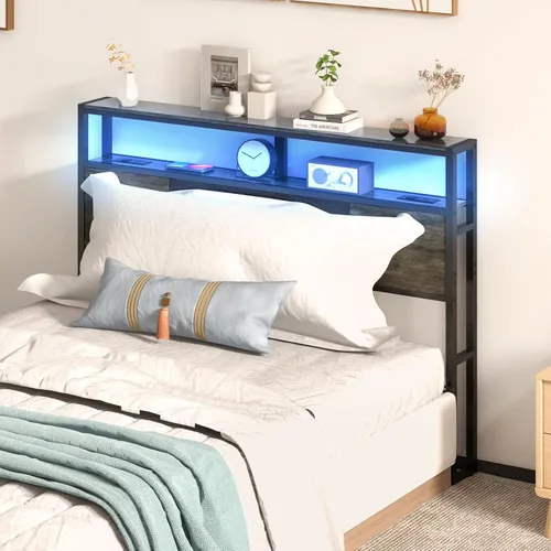 Miniatura 2 de Livofloral Cabecera de tamaño completo, cabeceros con estación de carga, puerto USB y luz LED, tablero principal con estante de almacenamiento de 2