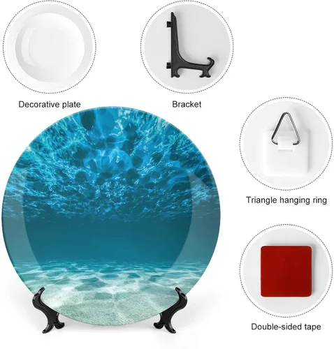 Miniatura 3 de XISUNYA Plato decorativo de porcelana de 6 pulgadas, plato de porcelana oceánica, superficie ondulada con fondo de grava, estampado de paisaje Azul