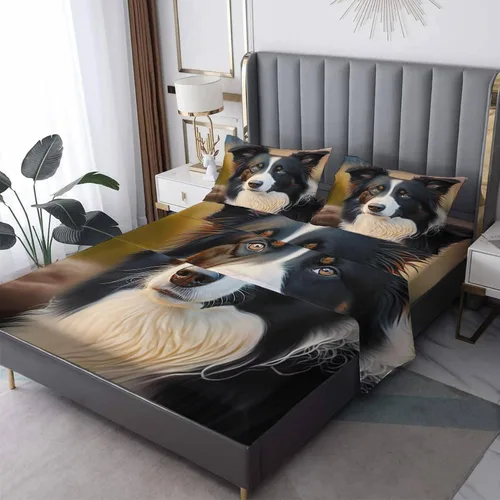 Border Collie Sábanas tamaño individual XL, sábanas para perro, sábanas y fundas de almohada estampadas, juego de 3 piezas, sábana bajera ajustable
