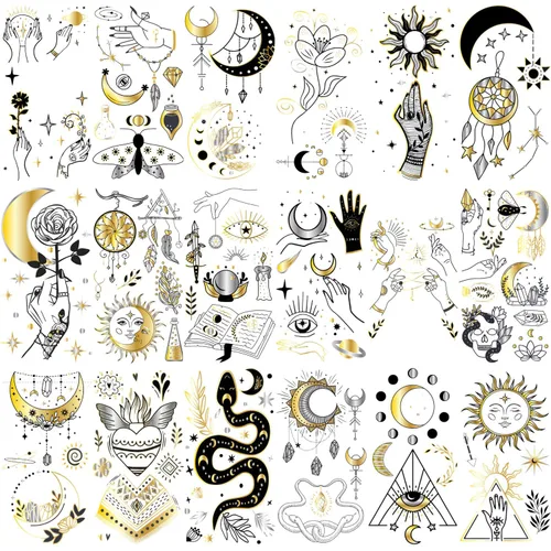 Glaryyears Tatuaje temporal dorado metálico para mujeres adultas, paquete de 18 tatuajes realistas de tamaño pequeño de larga duración, paquete