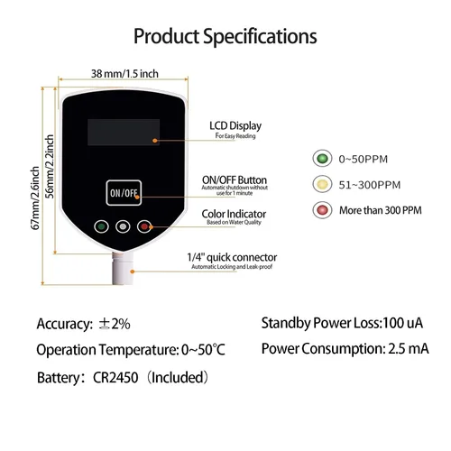 Miniatura 2 de medidor TDS en línea, medidor digital de calidad del agua TDS y medidor de medición de PPM para sistema RO-RODI, monitor de agua potable, acuarios