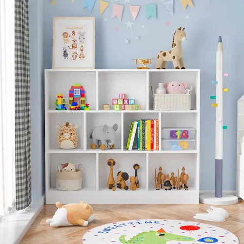 Miniatura 9 de ECACAD Estantería de madera con estantes abiertos de 3 niveles, organizador de almacenamiento de 8 cubos para sala de estar, oficina en casa, blanco